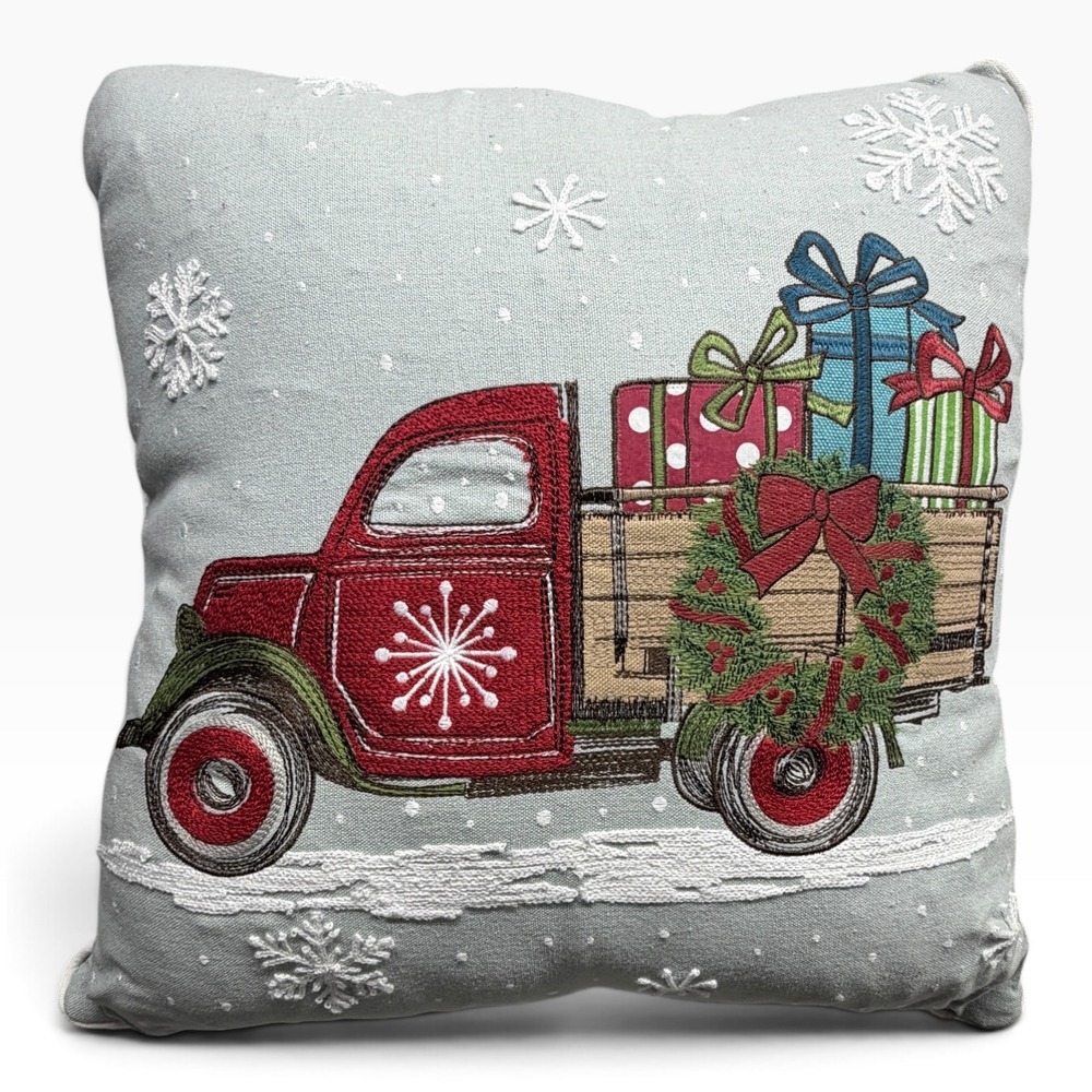 Pier 1 Christmas Throw Pillow Embroidered Vintage Red Truck Holiday Decor